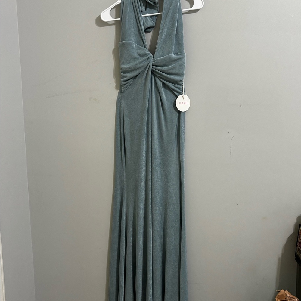 Luxxel Dusty Blue Halter Twist Prom Dress - Picture 6 of 8